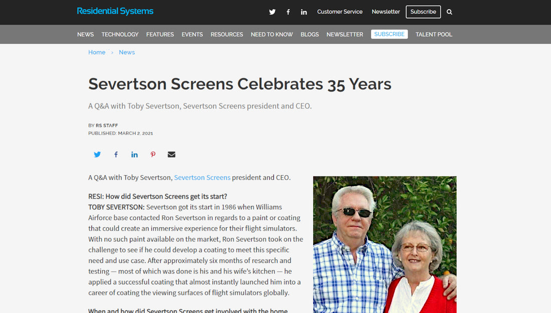 Severtson Screens 35th Anniversary Featured in Residential Systems